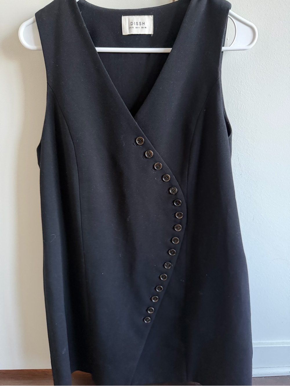 DISSH Black V-Neck Sleeveless Mini Dress with Diagonal Button Detail